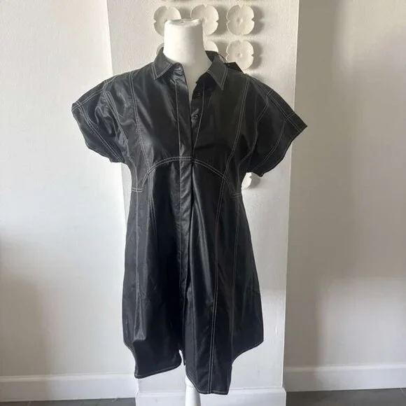 THML Black Faux Leather Mini Dress with Contrast Stitching – Size M - Picture 5 of 9